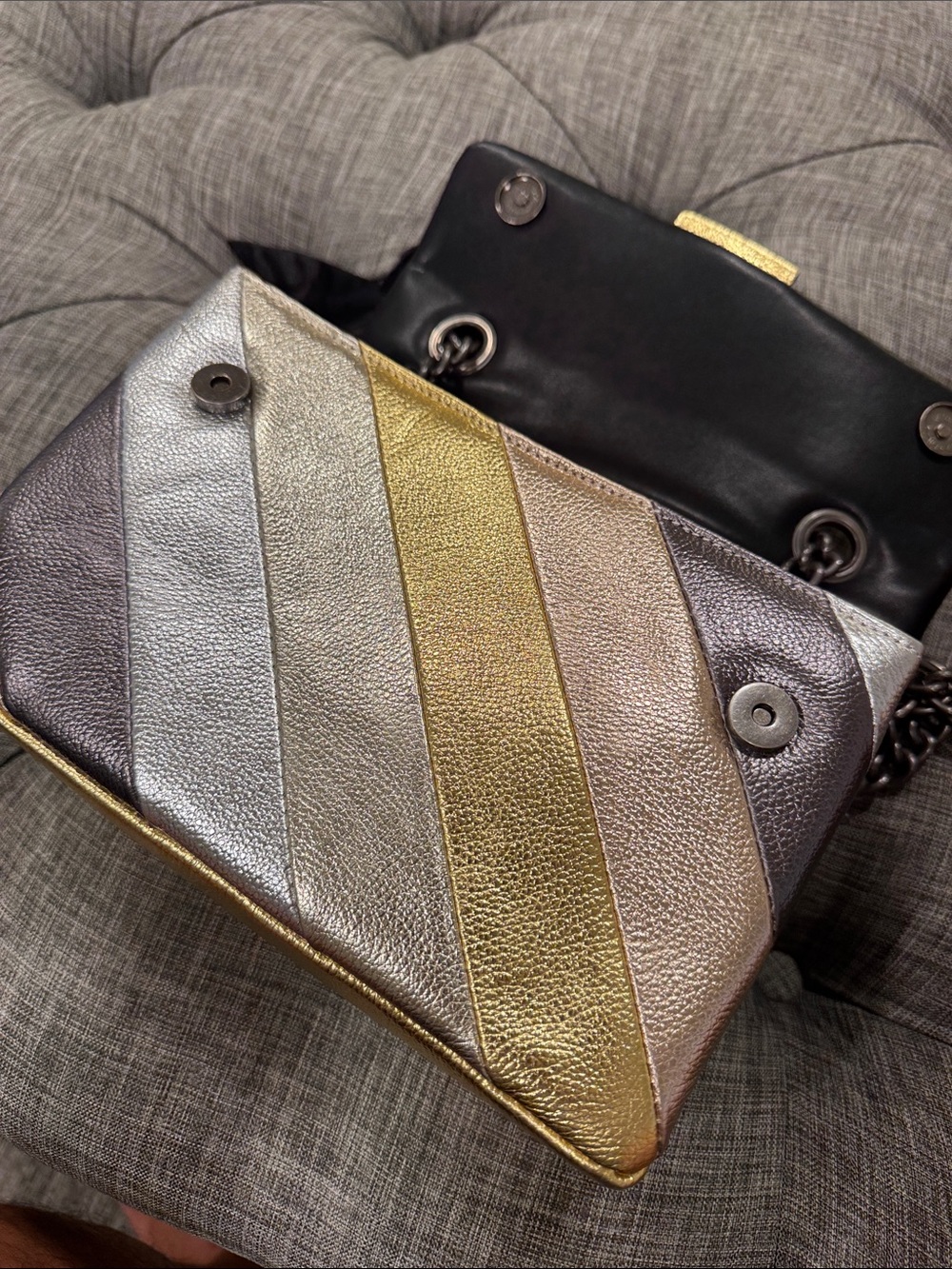 Kurt Geiger Bag Large Kensington Metallic Gold Silver Gray Stripe Shoulder Bag - Picture 12 of 17